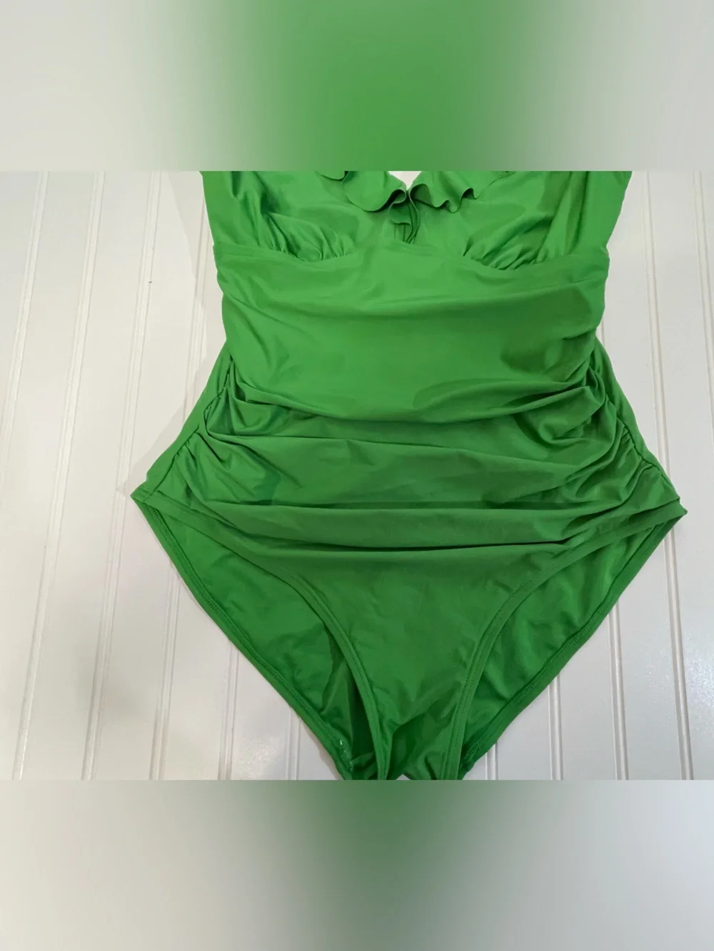 DKNY Ruffle Plunge Underwire Tummy Control One-Piece Swimsuit Grass Green XL - Picture 6 of 10